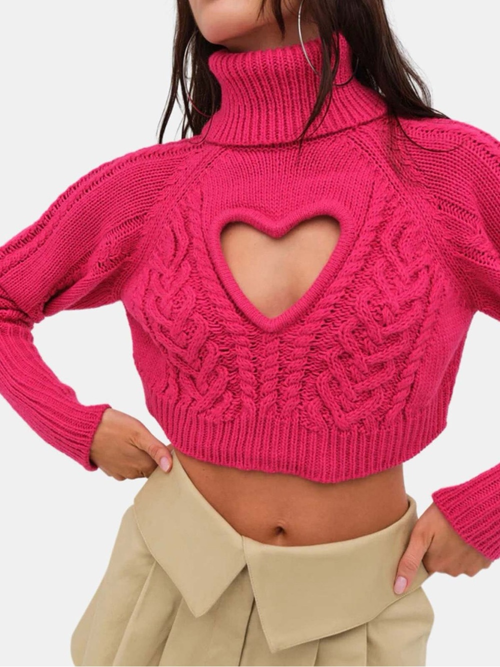 For Love & Lemons Vera Heart Cut - Out Cable Knit Sweater Fuchsia Pink- Small